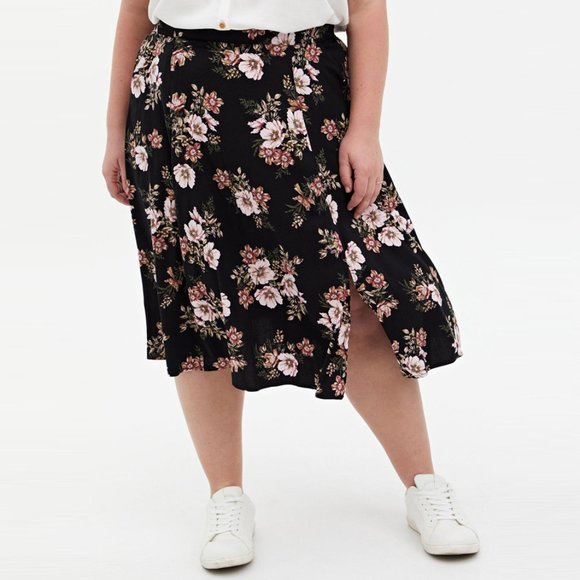 torrid Dresses & Skirts - Torrid | Black Floral Stretch Challis Slit A-Line Midi Skirt